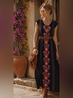 Xhilaration Floral Maxi black pink bohemian Dress M